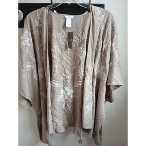 NWT J.Jill Tan Embroidered Kimono Cardigan Open Front Tassel Detail Size S-L